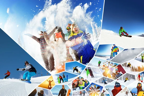 Grande collage fotografico sci snowboard sport invernali — Foto Stock