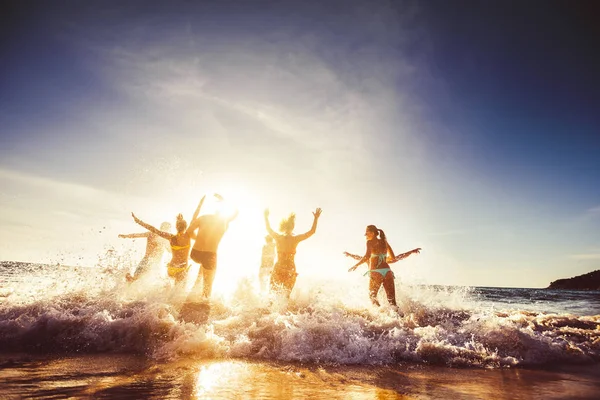 Grande grupo amigos sol praia viagens — Fotografia de Stock