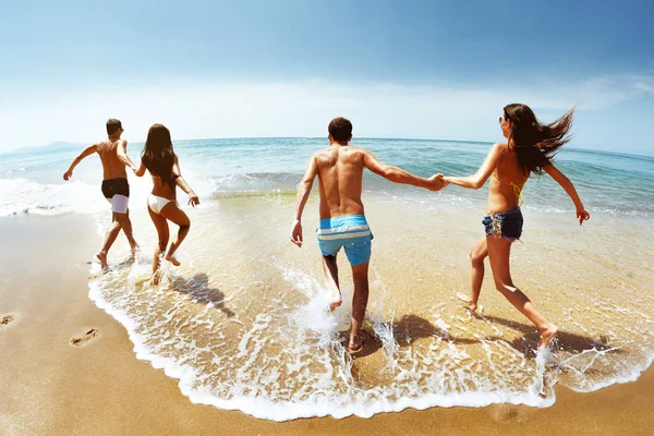 Happy skupina přátel vede do moře — Stock fotografie