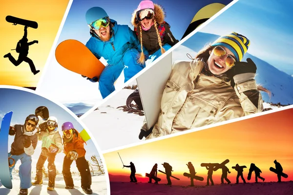 Collage ski skiërs snowboarders wintersport — Stockfoto