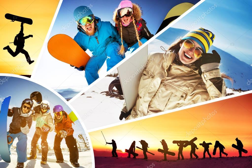 Collage ski skiers snowboarders winter sports