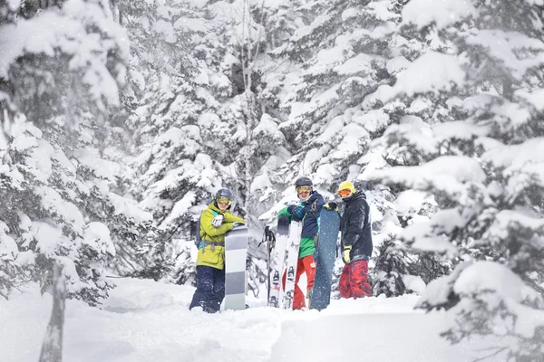 Skiërs en snowboarders offpiste backcountry bos skigebied — Stockfoto