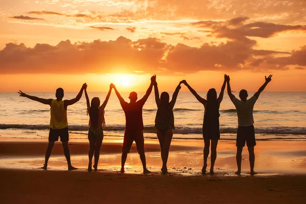 快乐的朋友一起举手表决夕阳西下的大海 — 图库照片