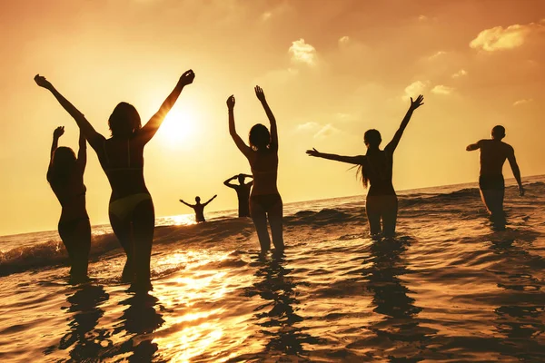 Gruppe glücklicher, menschenloser Silhouetten am Strand bei Sonnenuntergang — Stockfoto