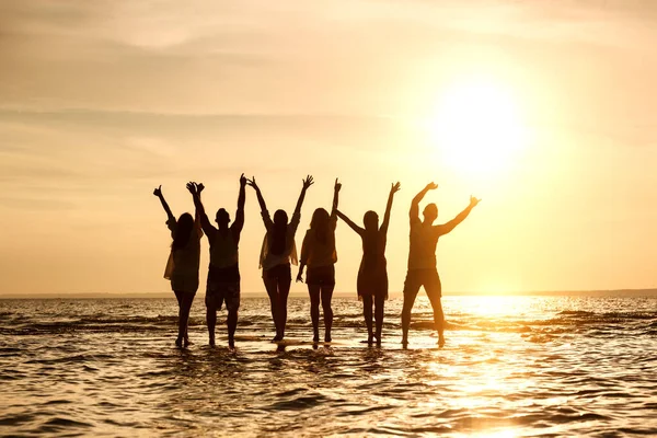 Groupe de jeunes se tient dans l'eau au coucher du soleil — Photo