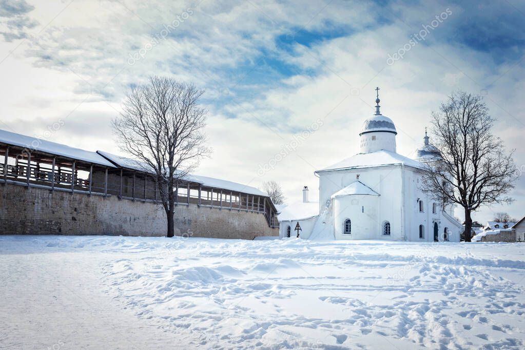 Ancient orthodox church of St. Nicholas inside the Izborsk fortress. Pskov region, Russia.