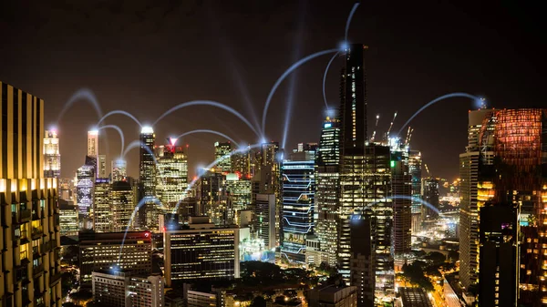 Ağ iş conection gece cityscape Singapur