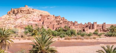 Panorama of fortified village and palm trees, Ait Benhaddou, Morocco