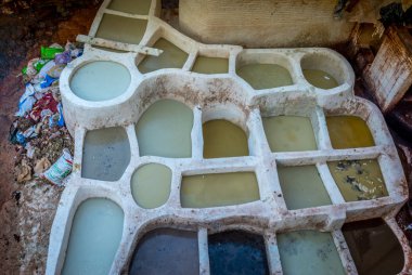 Overlooking stone vessels in tanneries, Fez, Morocco