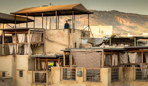 Drying leather in tannery in Fes, Morocco — Stok fotoğraf