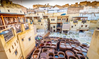 Overlooking stone vessels in tanneries, Fez, Morocco