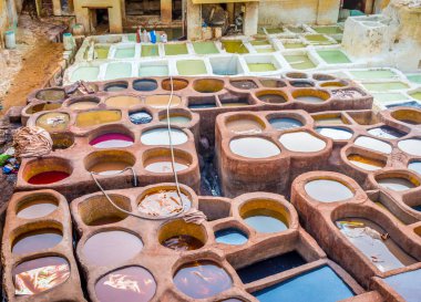 Colorful dyes in Chouara Tannery, Fez, Morocco