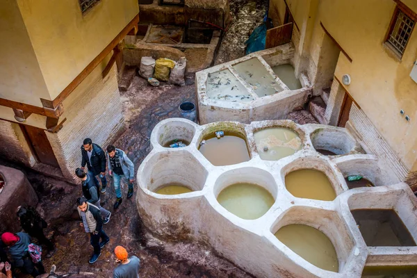 Overlooking stone vessels in tanneries, Fez, Morocco — Stok fotoğraf