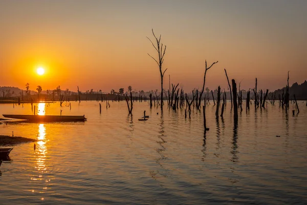 Sonnenuntergang über trockenen Bäumen, nam theun river, thalang, thakhek, laos — Stockfoto