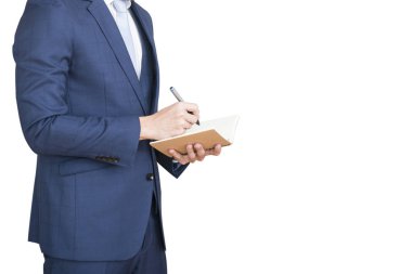 Defter üzerinde yazma iş adamı. Kırpma yolunu ve izole üzerinde beyaz arka plan ile.
