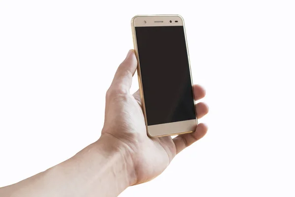 Mano e smartphone su sfondo bianco . — Foto Stock