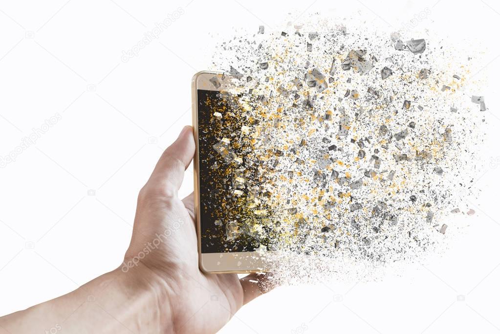 Hand and smartphone with explosion effect. 