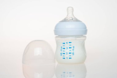 Beyaz arka planda bir şişe süt.