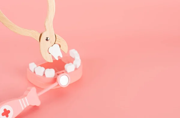 Wooden Toy Set Flat Laying Pink Background Concept Dental Caries — Stock Photo, Image