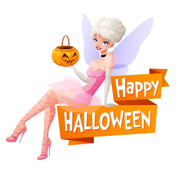 Mulher bonita sentada com cesta de abóbora em fantasia de fada Halloween. Desenhos animados estilo ilustração vetorial com texto isolado no fundo branco . — Vetor de Stock
