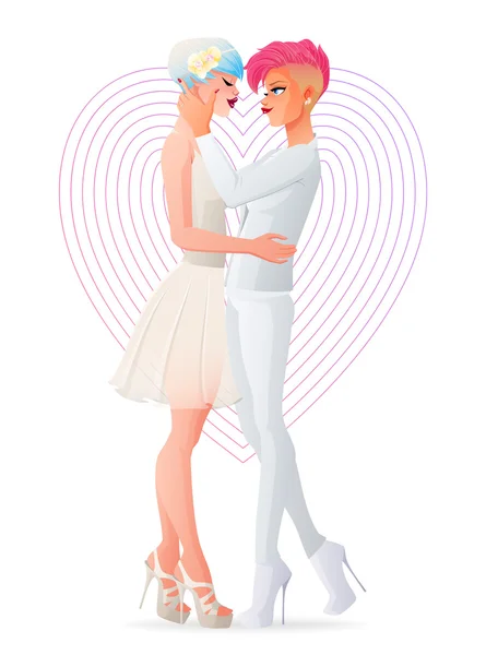 Beau mariage gay lesbienne homosexuel câlin couple en amour. Illustration vectorielle de bande dessinée isolée sur fond blanc . — Image vectorielle