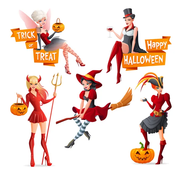 Beautiful women in Halloween costumes fairy with pumpkin, vampire, witch on broom, pirate and devil. Set of cartoon vector illustrations with text. — Wektor stockowy