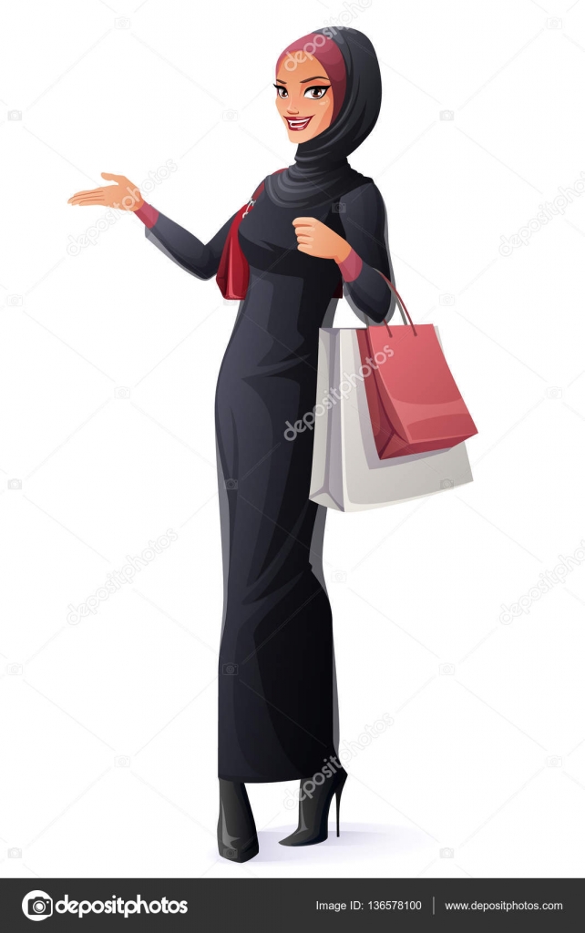 Download Vector beautiful Muslim woman in hijab standing with shopping bags. — Stock Vector © maia3000 ...