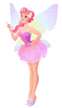 Vektör pembe peri yukarıyı parmak ile kelebek kanatlı.