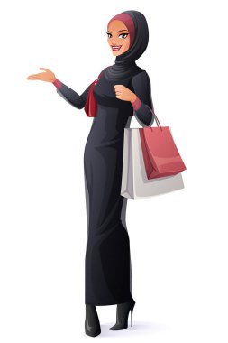 Güzel Müslüman kadın Türban ayakta alışveriş torbaları ile vektör.
