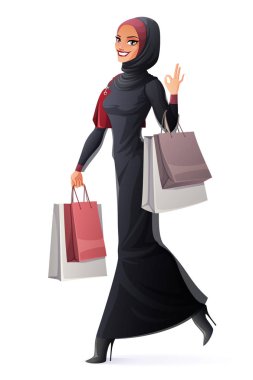 Alışveriş torbaları ile yürüyüş ve Tamam gösterilen vektör Müslüman kadın.