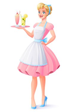 Tepsi milkshake ve limonata ile tutarak önlük ile vektör ev kadını.