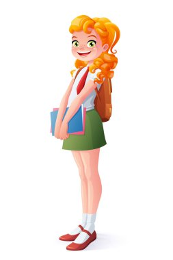 Çok gülümseyen okul öğrenci Kızıl saçlı kız kitapları ile ayakta vektör.