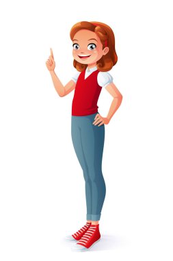 Vektör akıllı gülümseyen genç genç kız işaret eden oktan yukarı işaret parmağı.
