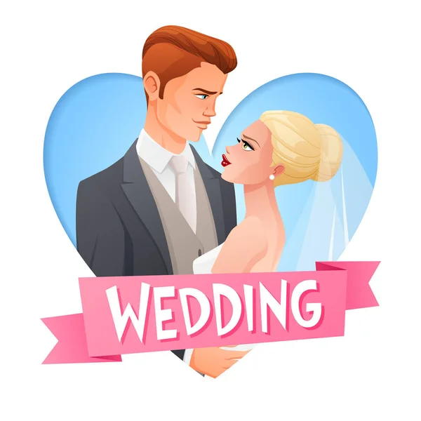 Pareja de bodas enamorada. Imagen vectorial con texto . — Vector de stock