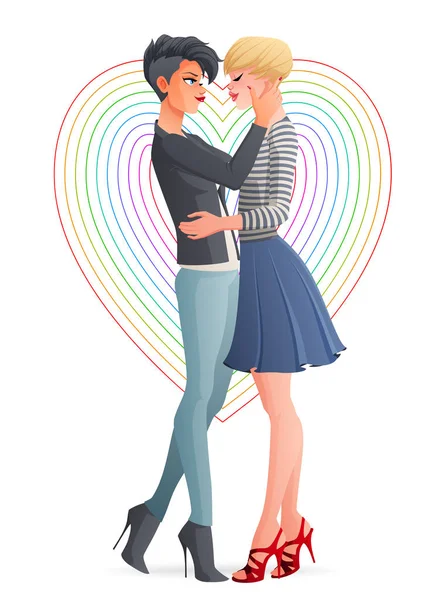 Cheerful beautiful gay lesbian homosexual couple. Vector illustration. — Stock Vector