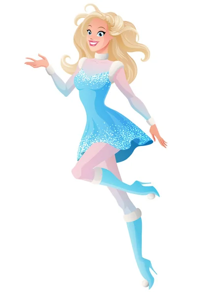 Beautiful woman in blue winter fairy snow maiden costume presenting. — Stock Vector