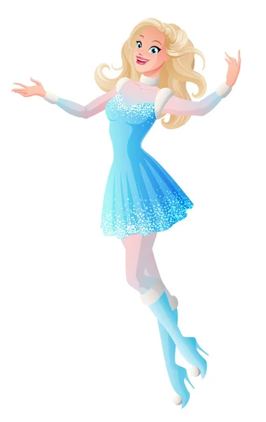 Young woman in blue winter fairy snow maiden costume flying and presenting — Stock Vector