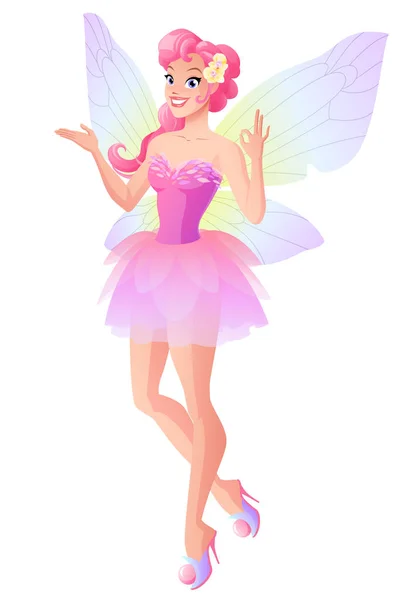 Pink fairy with butterfly wings showing ok sign. Vector illustration. — Stock Vector