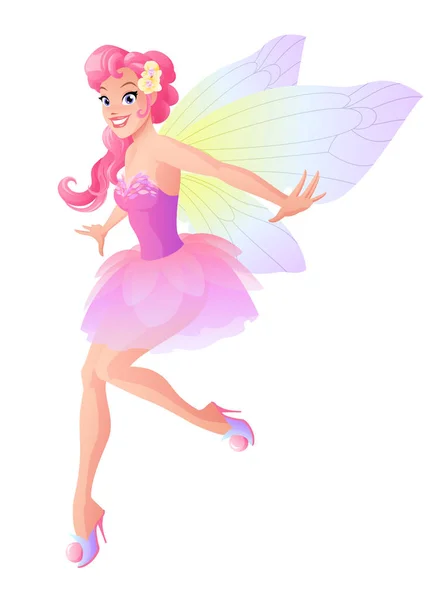 Hada voladora linda en vestido de flor rosa con alas de mariposa — Vector de stock