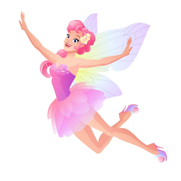 Cute flying fairy in pink petal dress with butterfly wings — Stock Vector