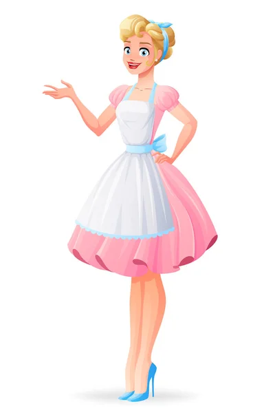 Beautiful housewife in pink dress and apron presenting. Vector illustration. — Stock Vector