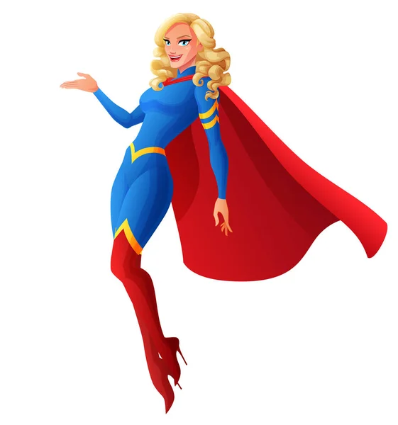 Beautiful sexy blond superhero woman flying and presenting. Vector illustration. — Stock Vector