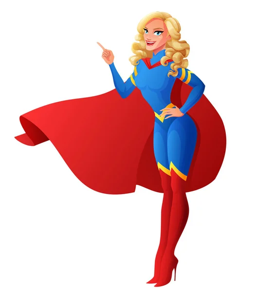 指指していると美しいセクシーなスーパー ヒーローの女性。ベクトル図. — ストックベクタ