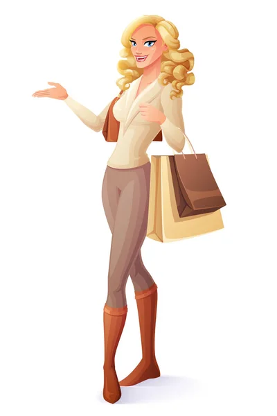 Beautiful lady standing with shopping bags and presenting. Vector illustration. — Stock Vector