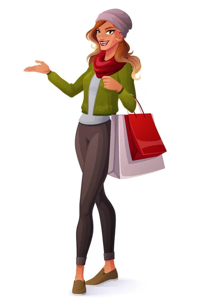 Vector beautiful young woman standing with shopping bags and presenting. — Stock Vector