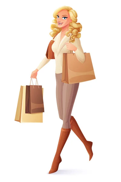 Linda senhora andando com sacos de compras e sorrindo. Ilustração vetorial . — Vetor de Stock