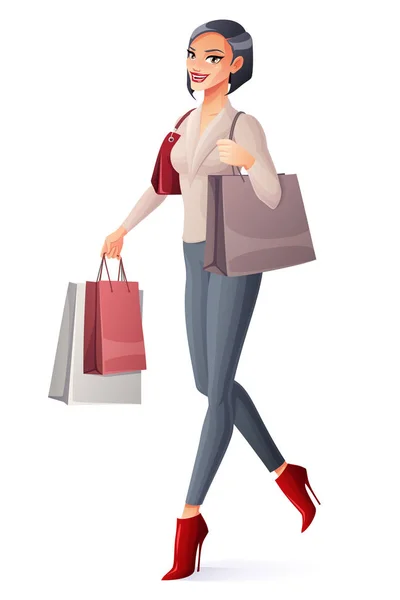 Vector bela morena senhora andando com sacos de compras e sorrindo . — Vetor de Stock