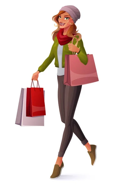Vector beautiful young woman walking with shopping bags and smiling. — Stock Vector