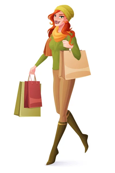 Vector beautiful redhead woman walking with shopping bags and smiling. — Stock Vector