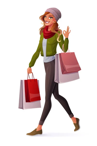 Junge Frau läuft mit Einkaufstüten herum und zeigt Okay. — Stockvektor